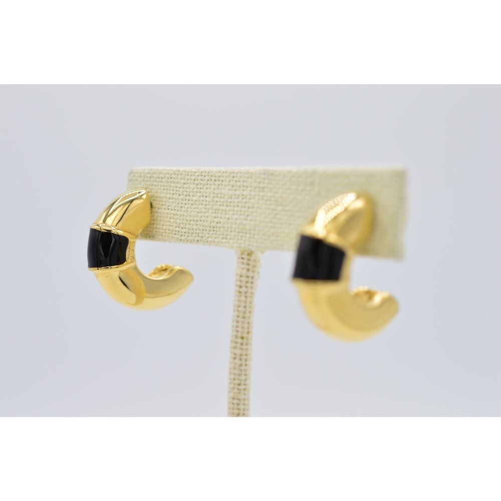 Givenchy Vintage Earrings Black Enamel Chunky Hoop Heavy Gold Signed 1980s 9C - Picture 3 of 11